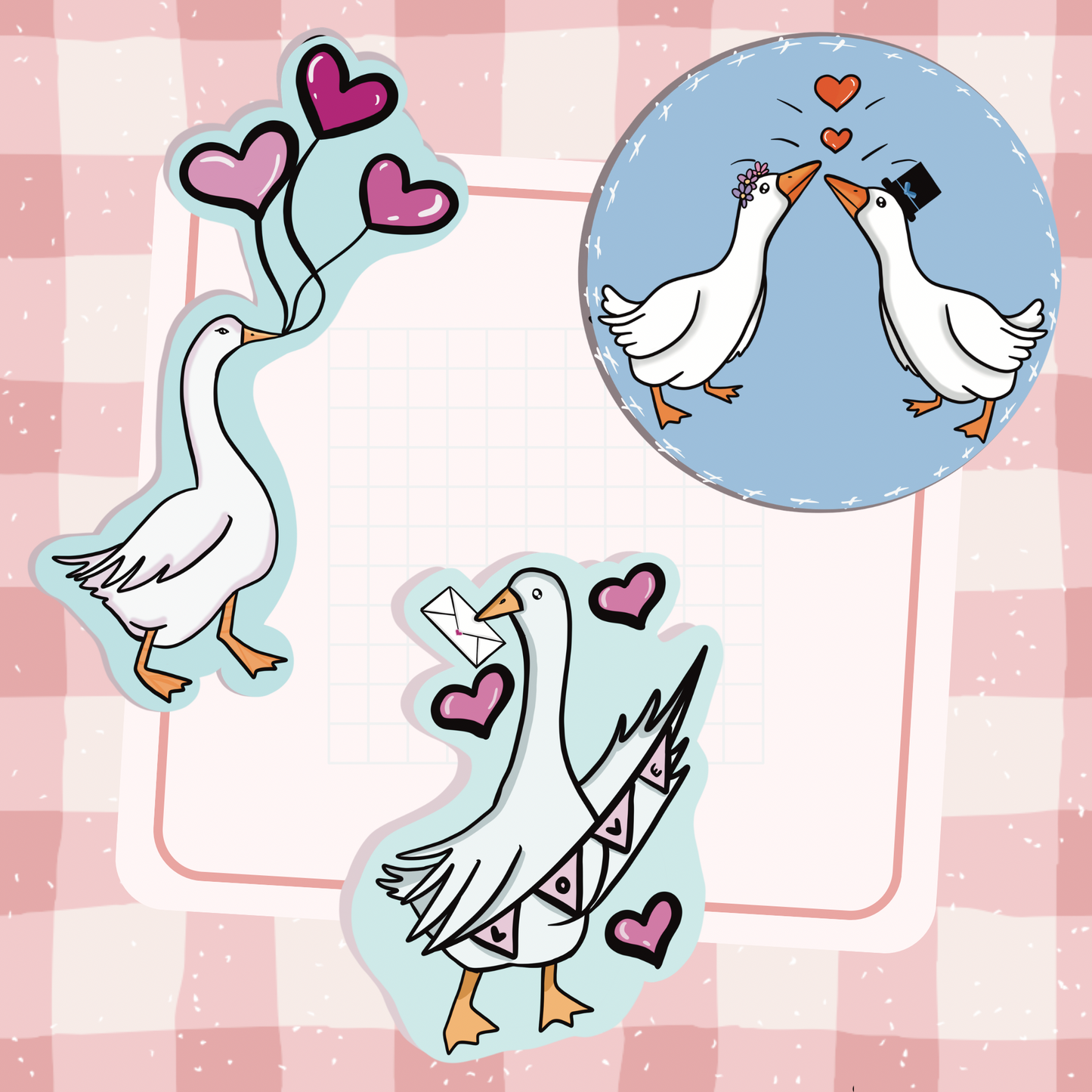 Set of three  illustrated goose stickers on a pink checkered background