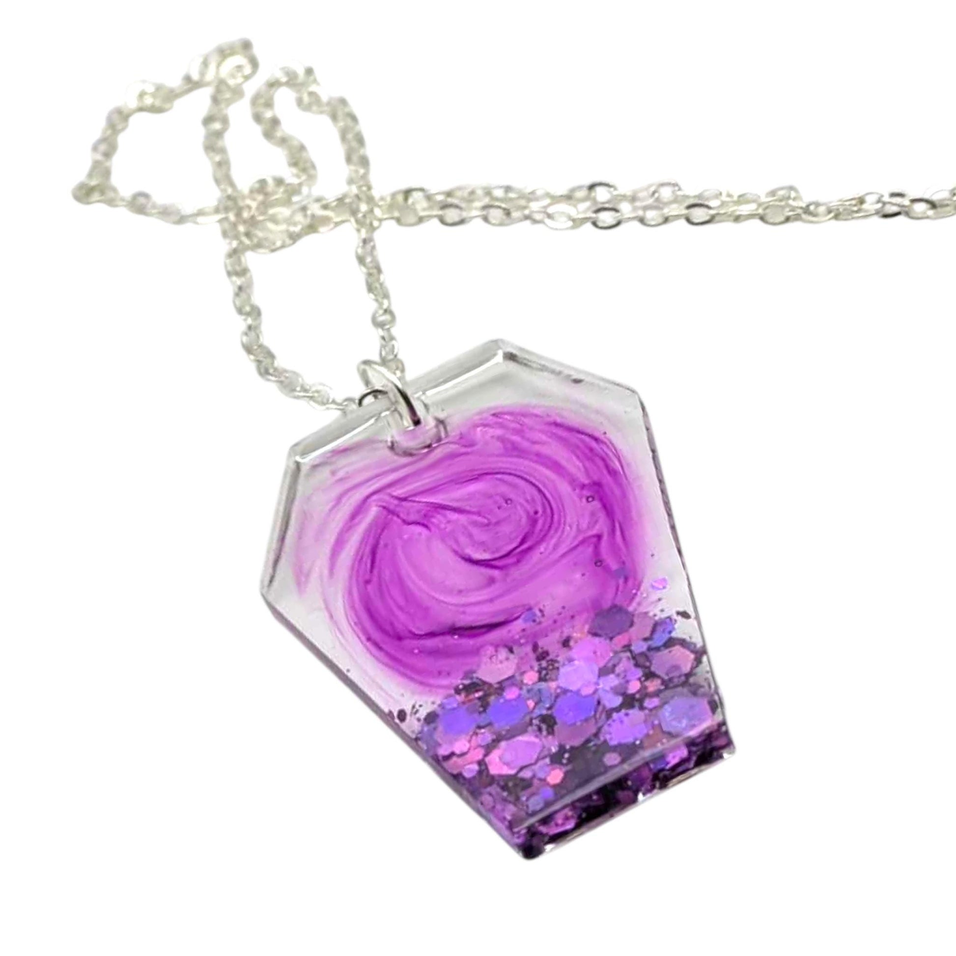 Hexagonal purple rose necklace on a white background