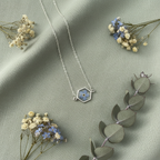 pressed flower preserved in resin hexagon pendant, wildflower necklace in silver 