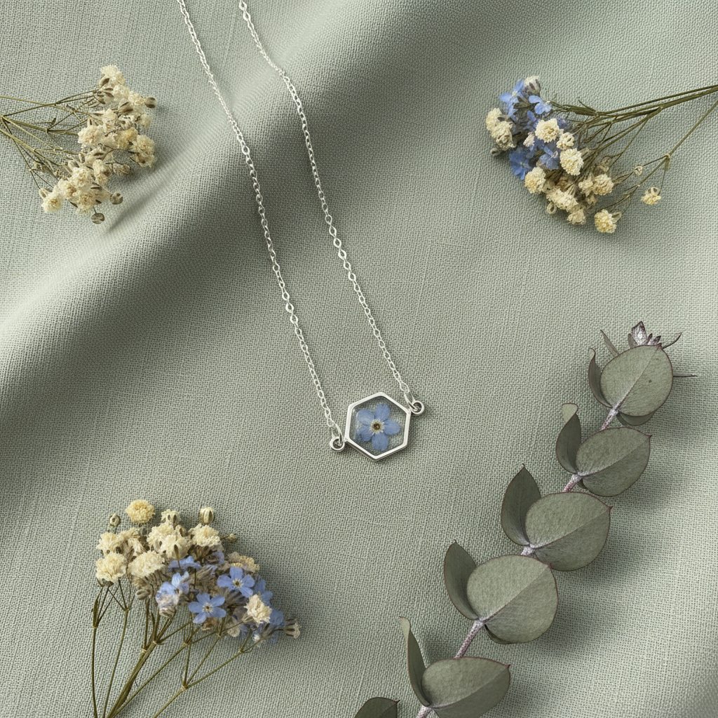 pressed flower preserved in resin hexagon pendant, wildflower necklace in silver 