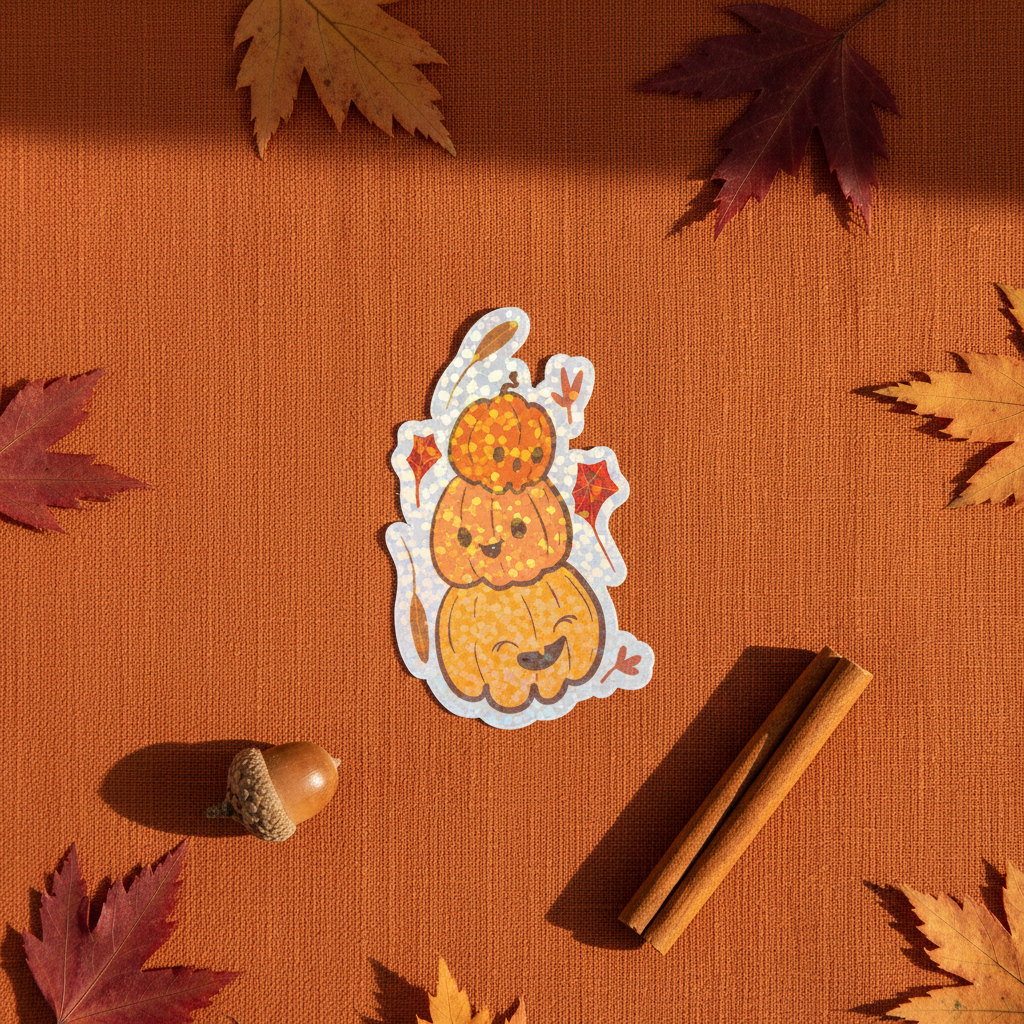 Stack of pumpkins sticker on an orange background with autumn leaves and a cinnamon stick.