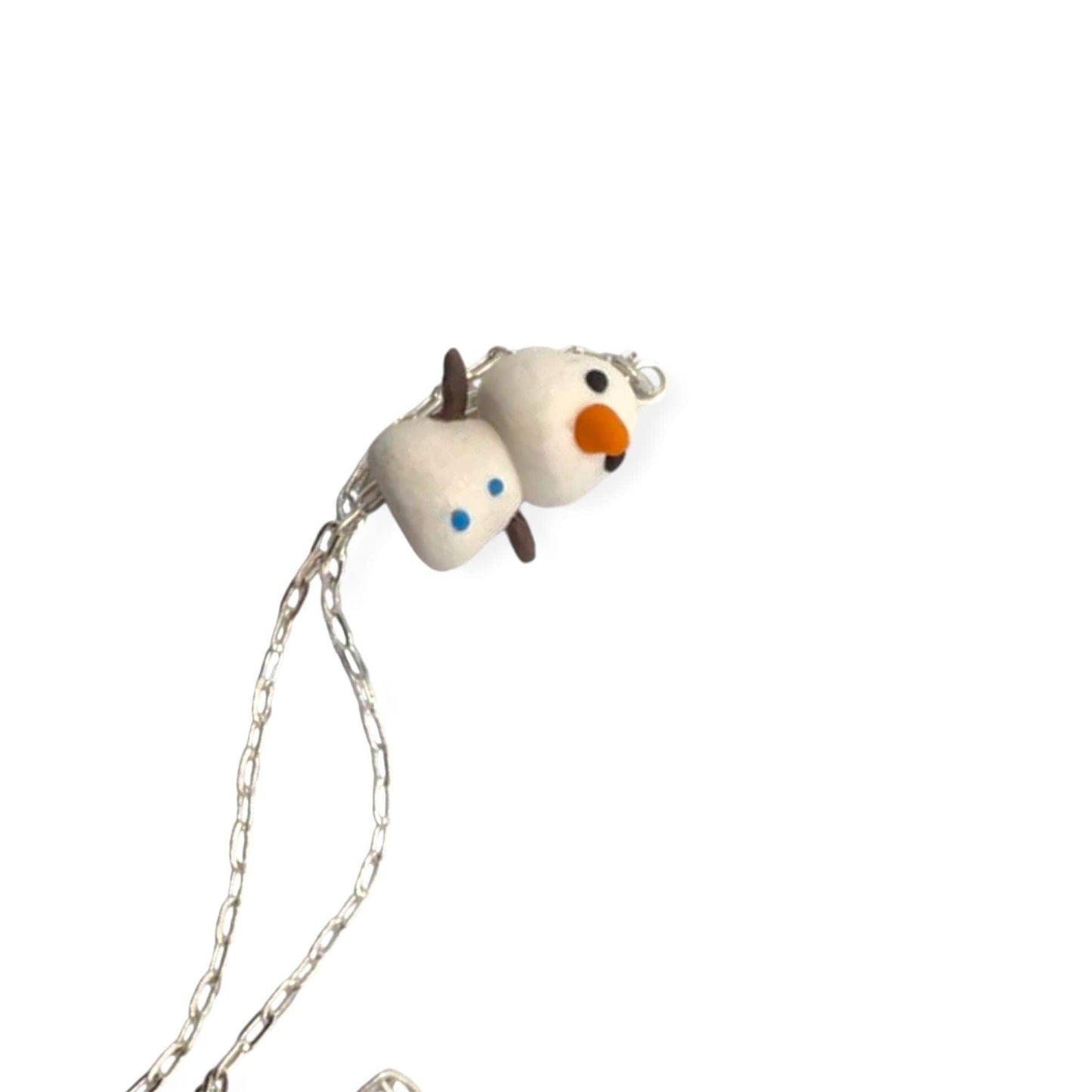 Small snowman figurine with a chain on a white background