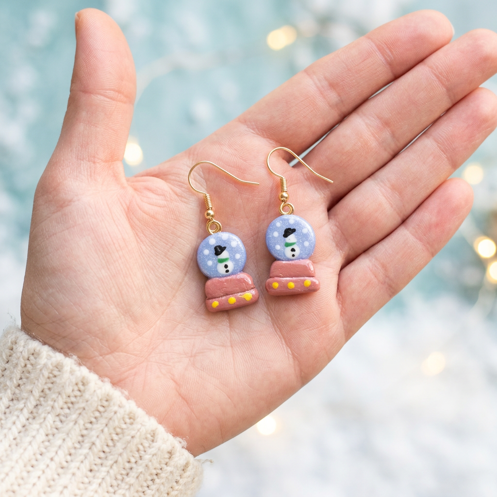 Pair of snowman snow globe earrings resting on an open hand