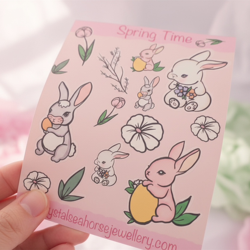 Sheet of 'Spring Time' rabbit-themed stickers held by a hand with a blurred background.