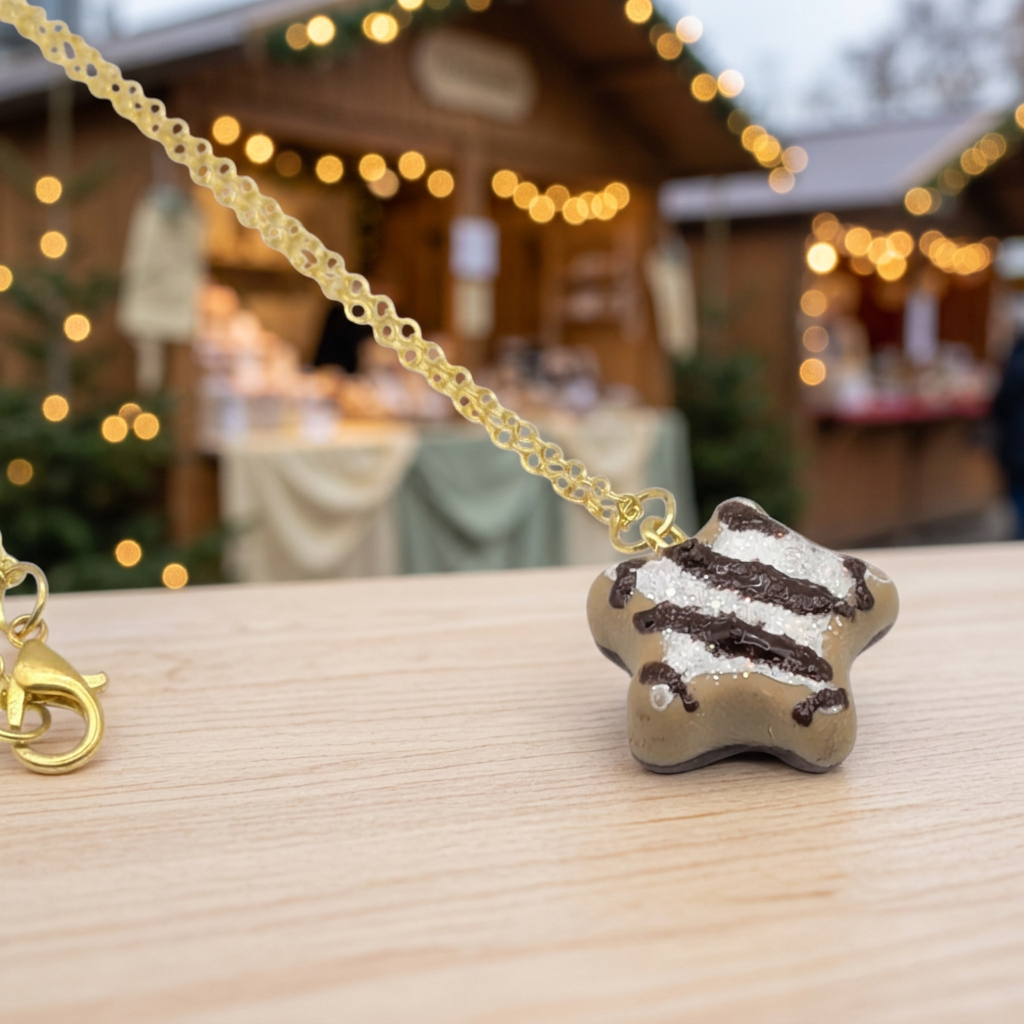 Miniature Lebkuchen star cookie necklace pendant with gold-tone chain and clasp