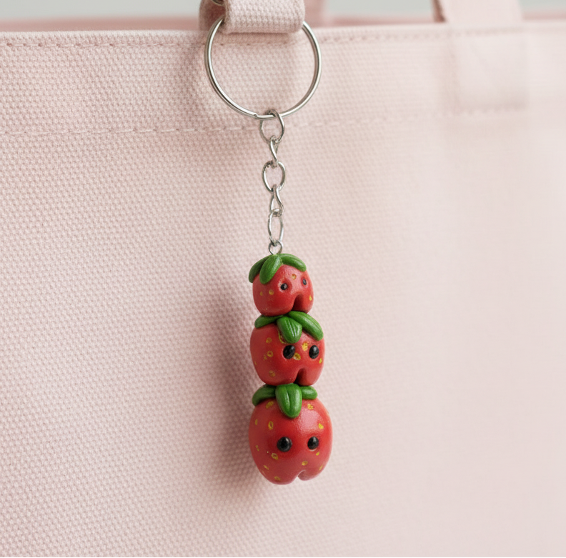 Strawberry-shaped keychain attached to a pink bag