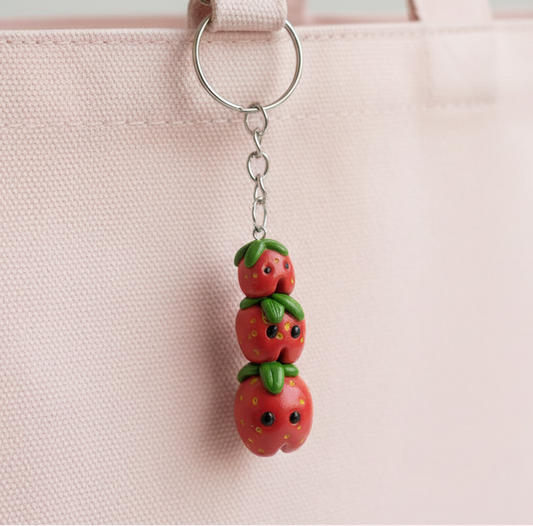 Strawberry-shaped keychain attached to a pink bag