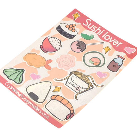 Sheet of sushi-themed stickers with 'Sushi lover' text on a pink border.
