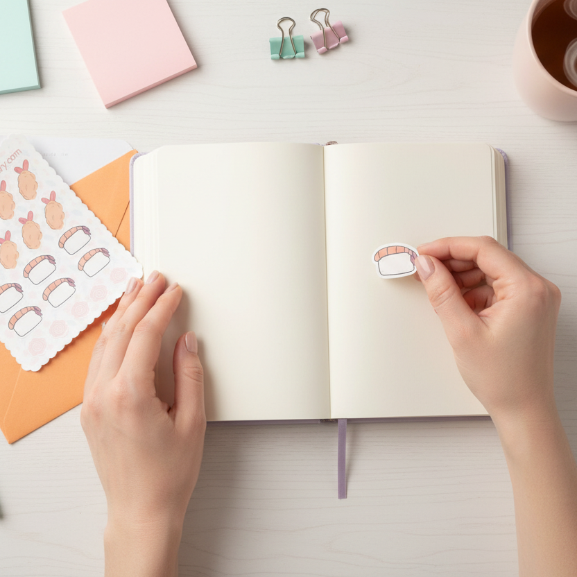 Person using a small white page notebook with sushi stickers on a desk with stationery items.
