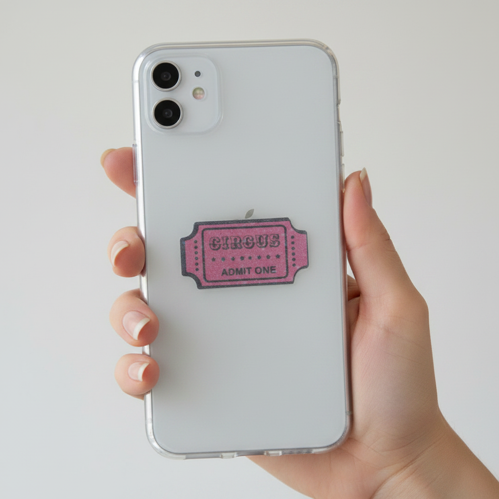 A hand holding a clear iPhone case with a pink vintage circus ticket sticker on the back, set against a plain light gray background.