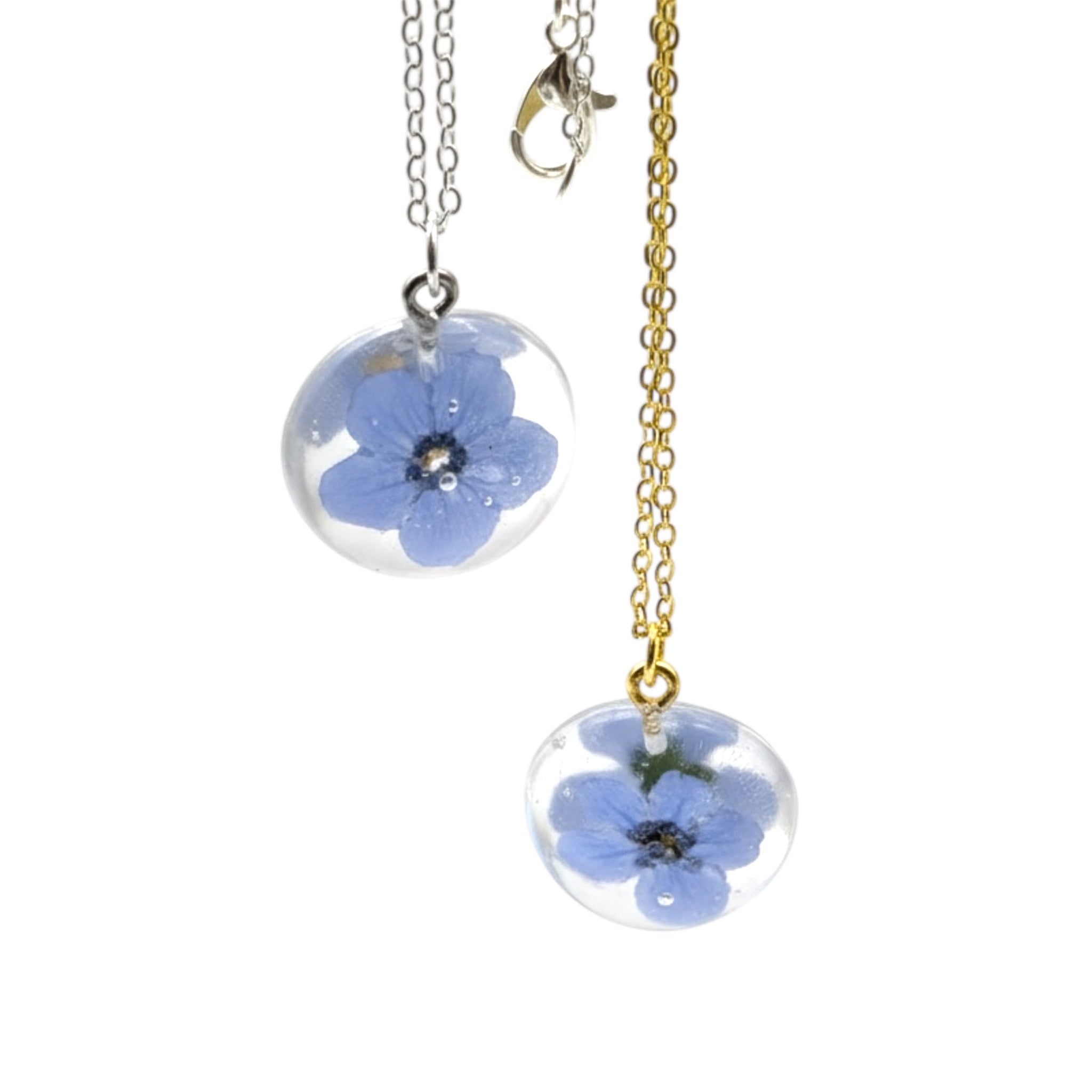Necklace with two round pendants featuring blue flowers on a white background