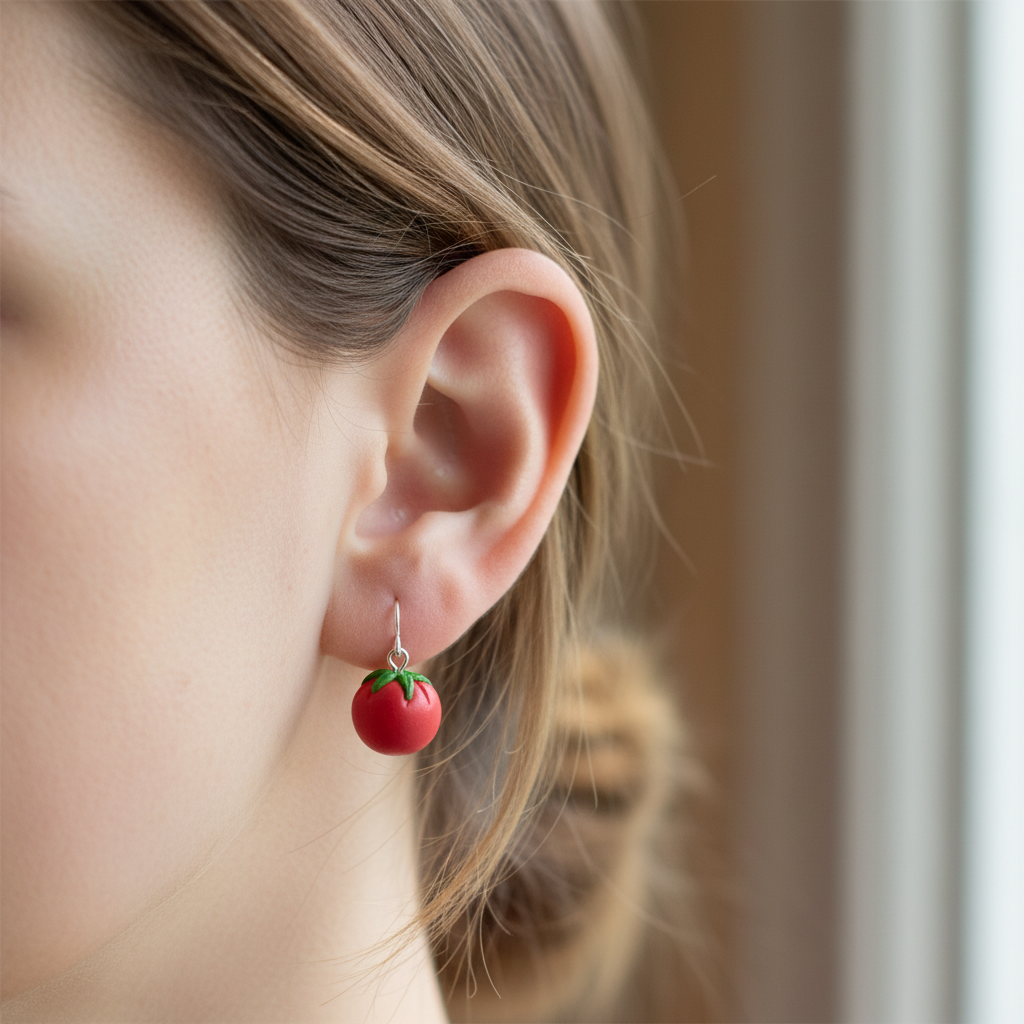 Handmade tomato polymer clay earrings close up worn in ear, silver-plated hooks