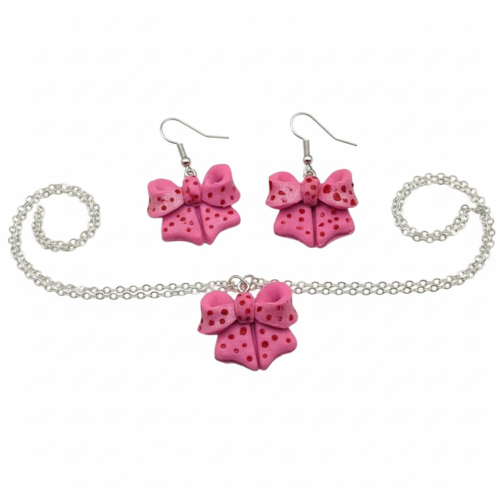 Pink bow earrings and necklace set - kawaii polymer clay jewellery on white background