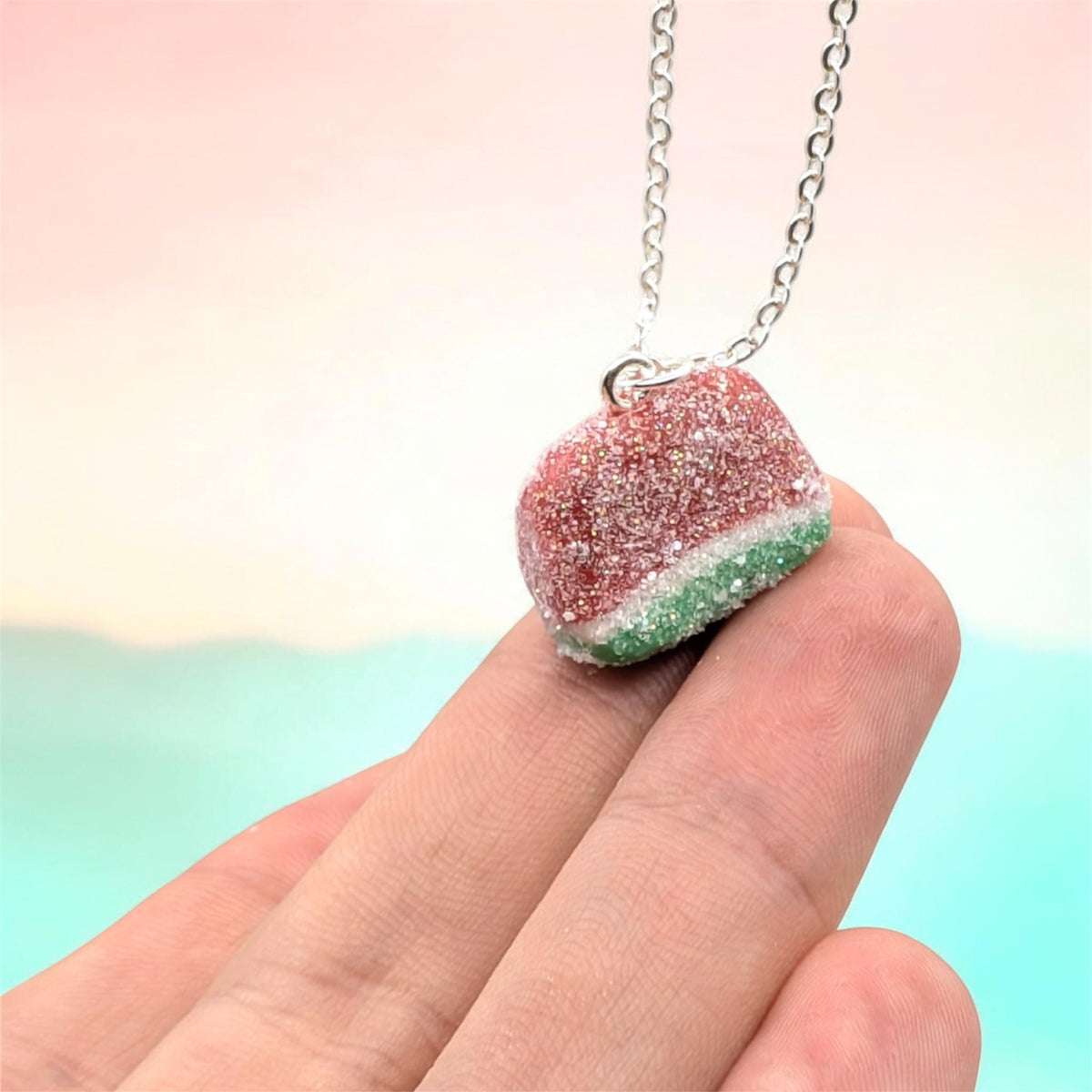 Watermelon sweet necklace handmade polymer clay jewellery foodie gift for her red white and green pendant 