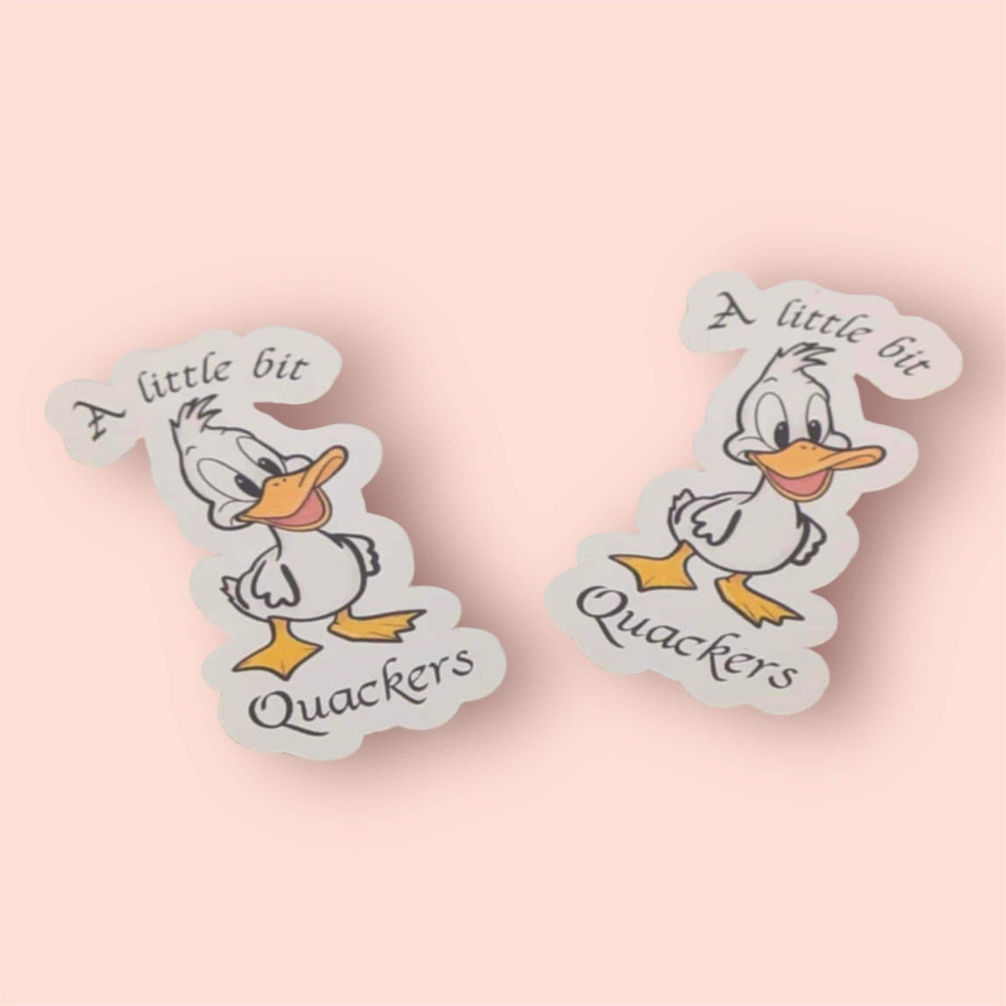 Two cartoon duck stickers with text on a pink background