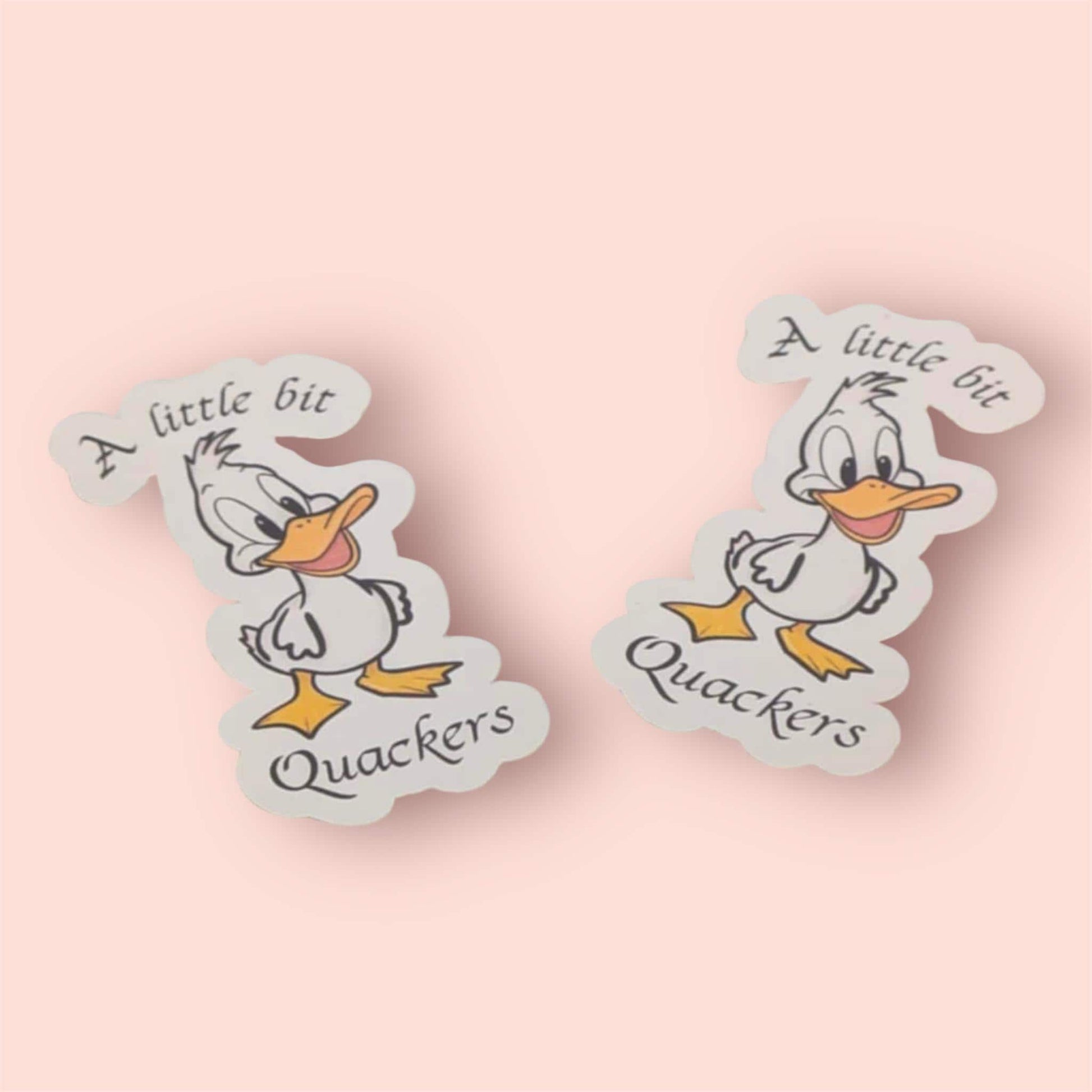 Two cartoon duck stickers with text on a pink background