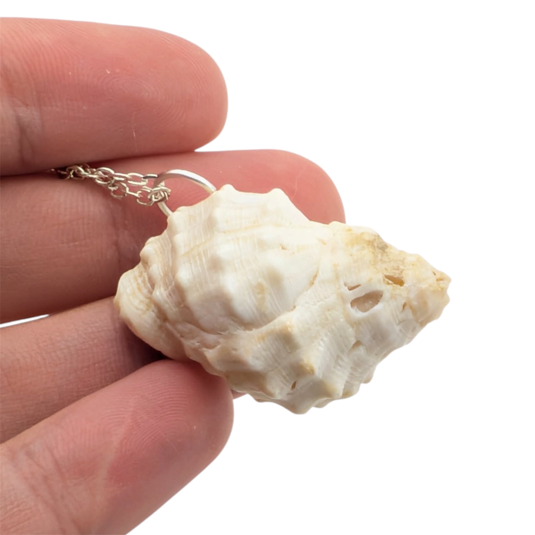 Handmade white shell necklace held between fingers, silver-plated chain close-up