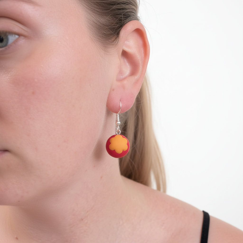 Woman wearing handmade circus ball earrings, a statement piece from The Circus Collection